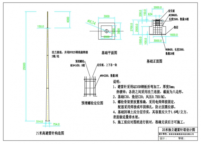 避雷針廠家 25米避雷針安裝圖